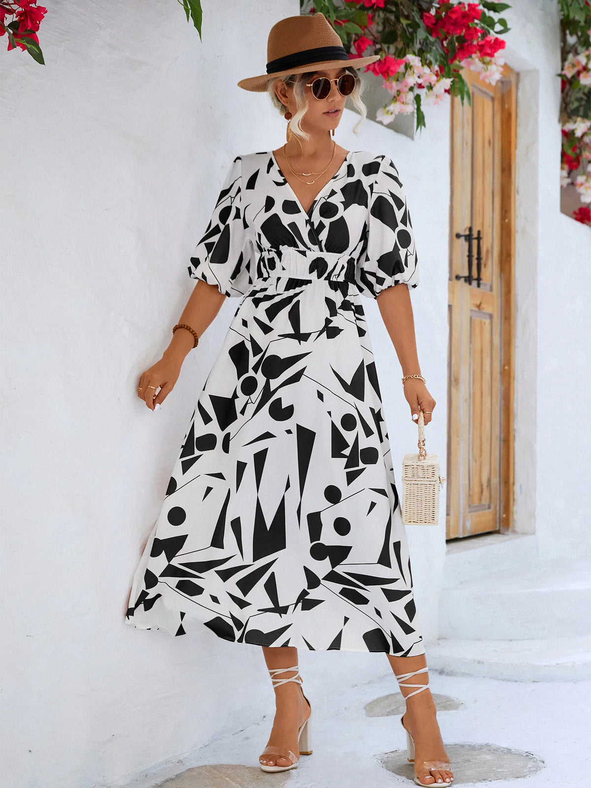 Women Modern Geometric Print Elegant Party Fashion V Neck Short Sleeve High Waist Midi Dress