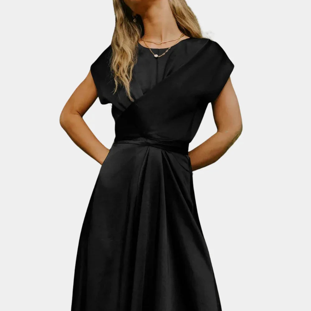Women Classy Satin Silk Midi Dress Women's Round Neck Sleeveless Lace-up Chic Party Elegant Casual