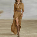 Woman French Retro V Neck Belted Slim Dress Single Breasted Long Sleeve Bohemian Dress
