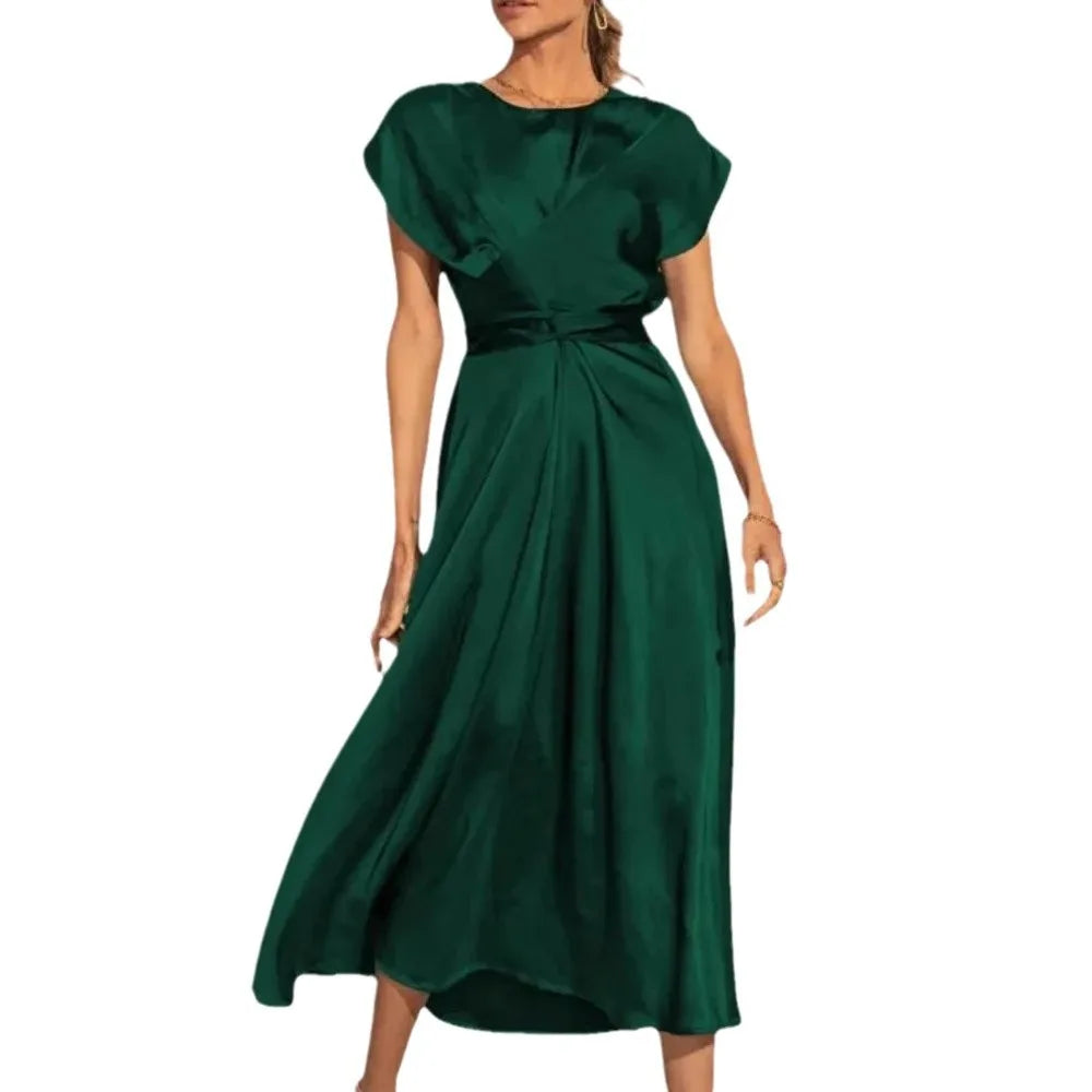 Women Classy Satin Silk Midi Dress Women's Round Neck Sleeveless Lace-up Chic Party Elegant Casual