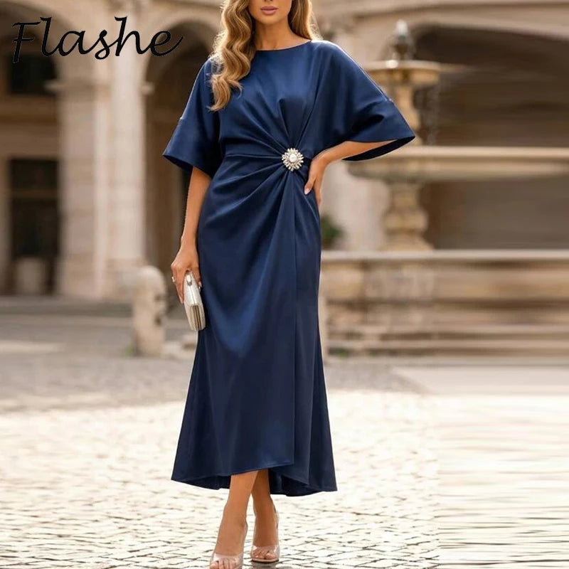 Elegant Commuter Design Satin Long Dress Women O Neck Half Sleeve Silk Party Dresses For Women Fashion Evening Dress
