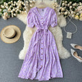 Women Floral Dress V Neck Puff Sleeve Single-Breasted Belt Dress Bohemian Style Midi Dress