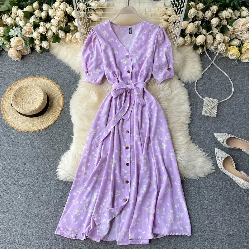Women Floral Dress V Neck Puff Sleeve Single-Breasted Belt Dress Bohemian Style Midi Dress