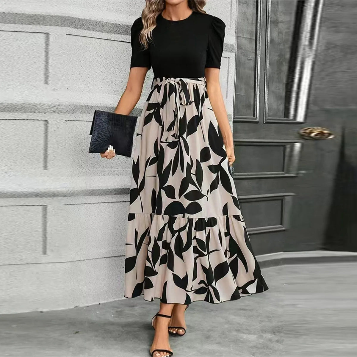 Women Classy Elegant  A-line Lace-up Slim Fit Waist Ruffle Hem Dress
