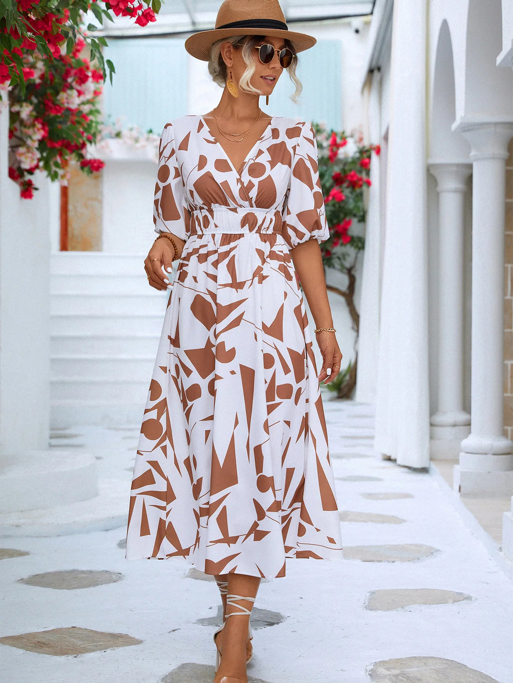 Women Modern Geometric Print Elegant Party Fashion V Neck Short Sleeve High Waist Midi Dress