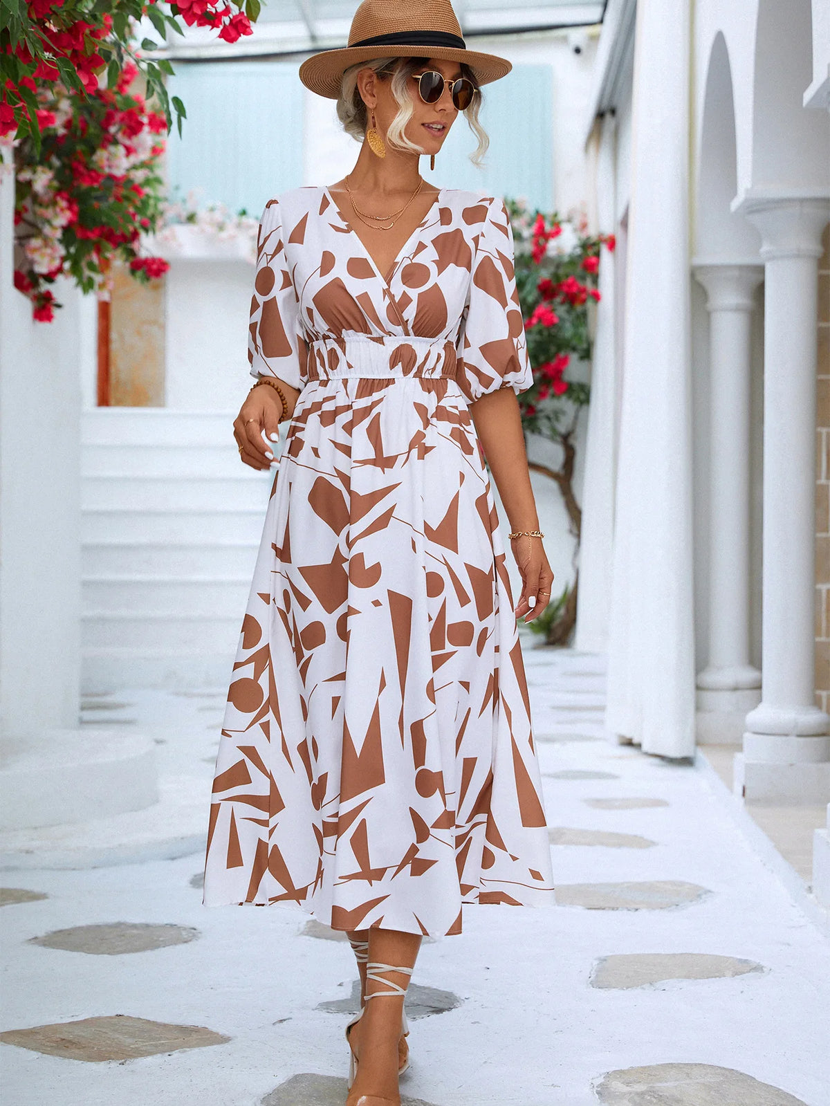 Women Modern Geometric Print Elegant Party Fashion V Neck Short Sleeve High Waist Midi Dress