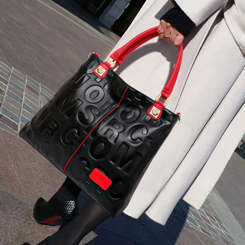 New Women's Cowhide Fashionable and Versatile Large Letter Printed Shoulder Bag