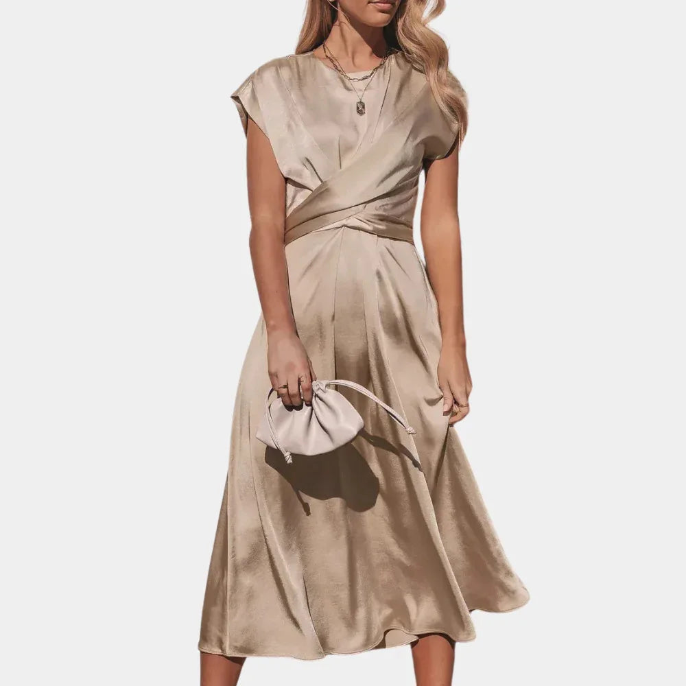 Women Classy Satin Silk Midi Dress Women's Round Neck Sleeveless Lace-up Chic Party Elegant Casual