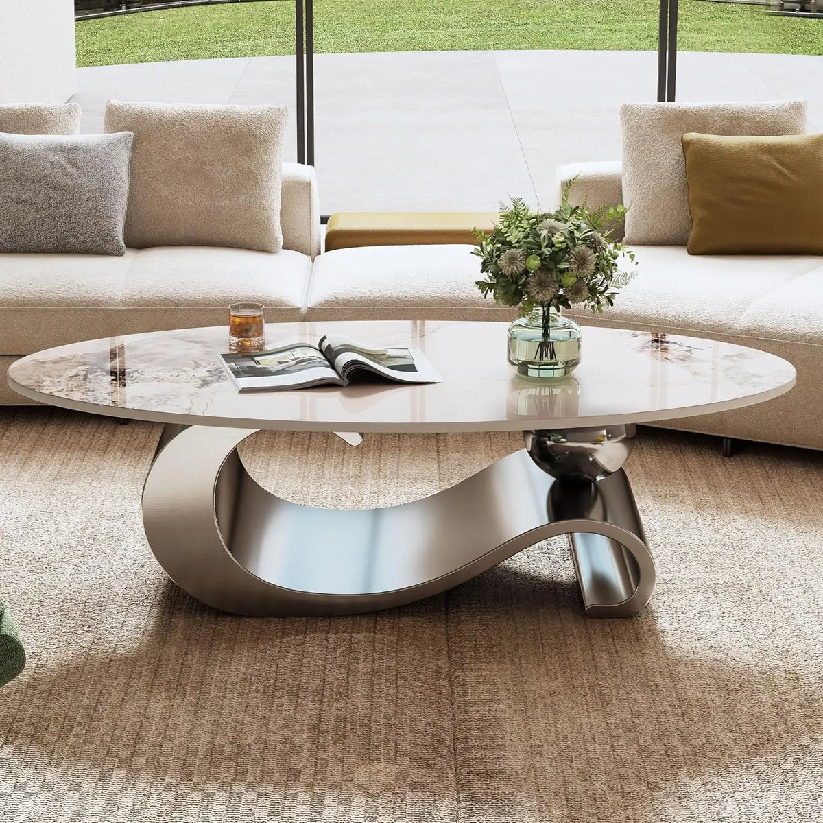Modern Marble Coffee Table with Silver Stainless Steel Pedestal Living Room Home Decor Luxury Living