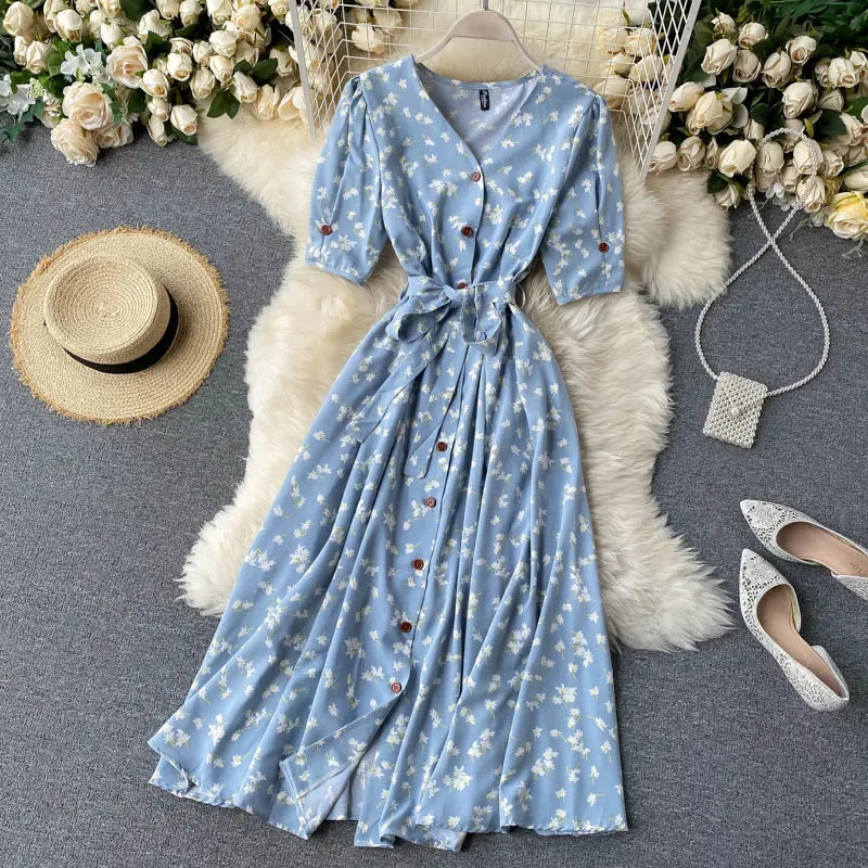 Women Floral Dress V Neck Puff Sleeve Single-Breasted Belt Dress Bohemian Style Midi Dress