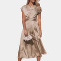 Women Classy Satin Silk Midi Dress Women's Round Neck Sleeveless Lace-up Chic Party Elegant Casual