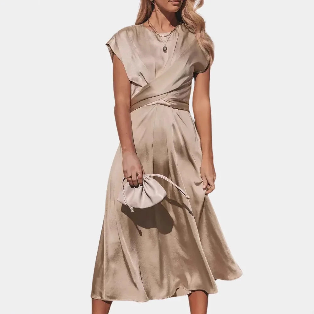 Women Classy Satin Silk Midi Dress Women's Round Neck Sleeveless Lace-up Chic Party Elegant Casual