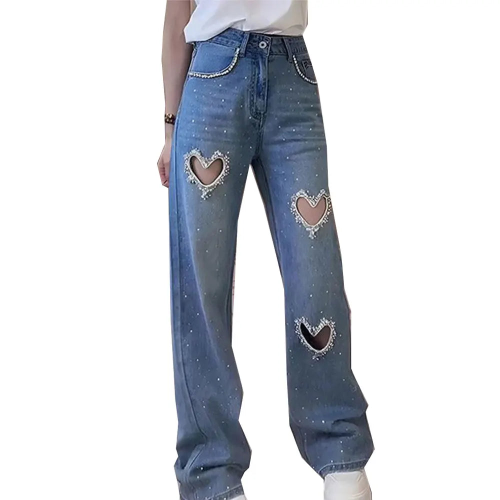 Heart Shaped Stylish Fashion Jeans  Diamond-Encrusted Beaded Hollowed-Out Straight Wide-Leg Women
