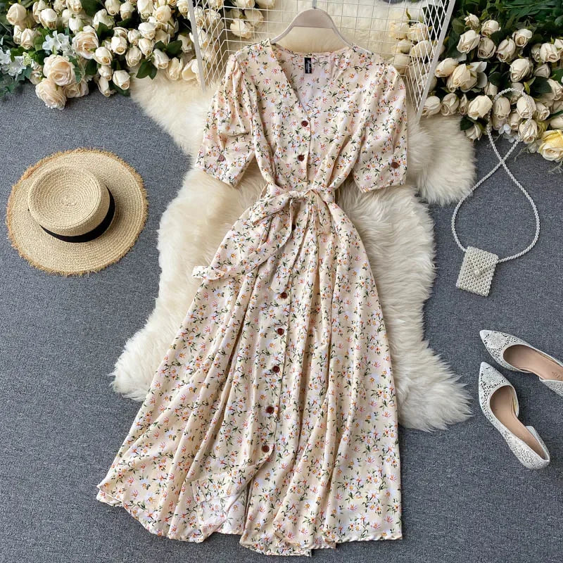 Women Floral Dress V Neck Puff Sleeve Single-Breasted Belt Dress Bohemian Style Midi Dress