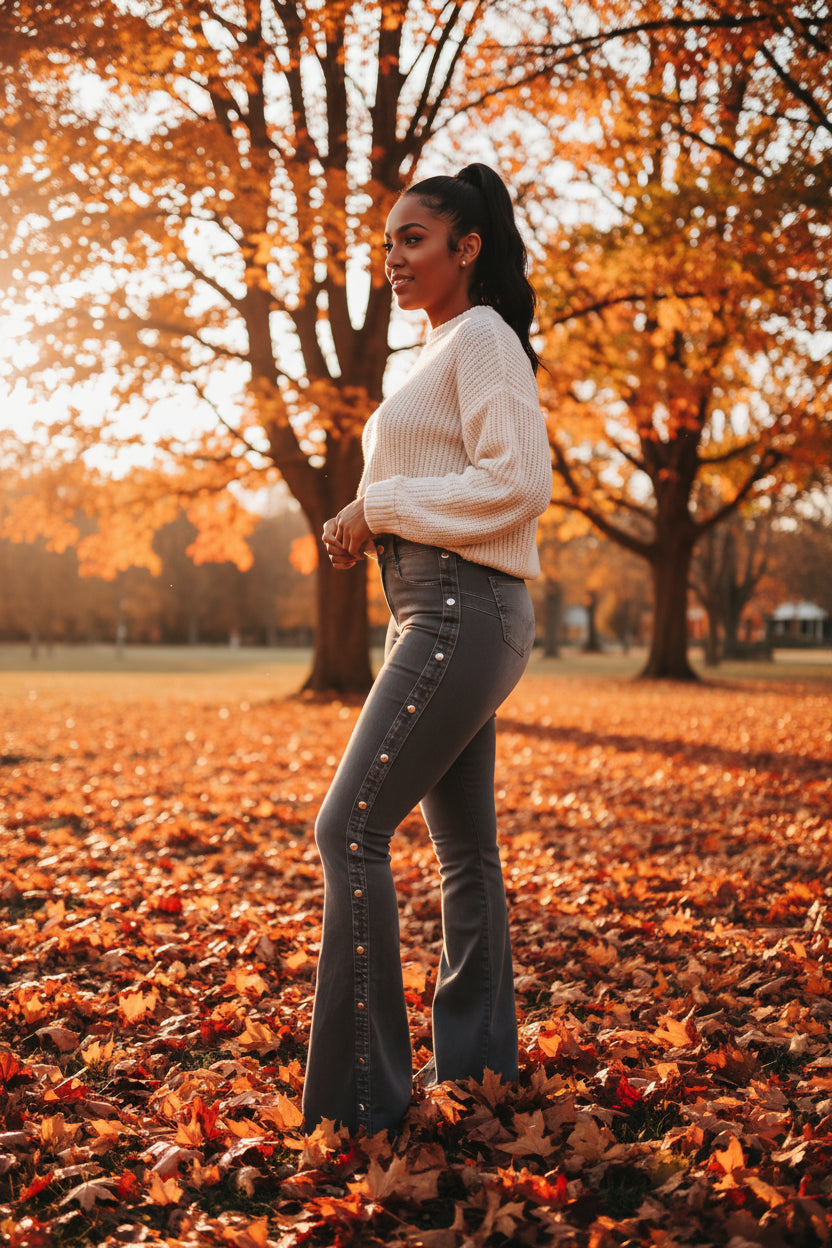 Women Denim Waist Strecth Flare Jeans Vintage Buttons Floor Length