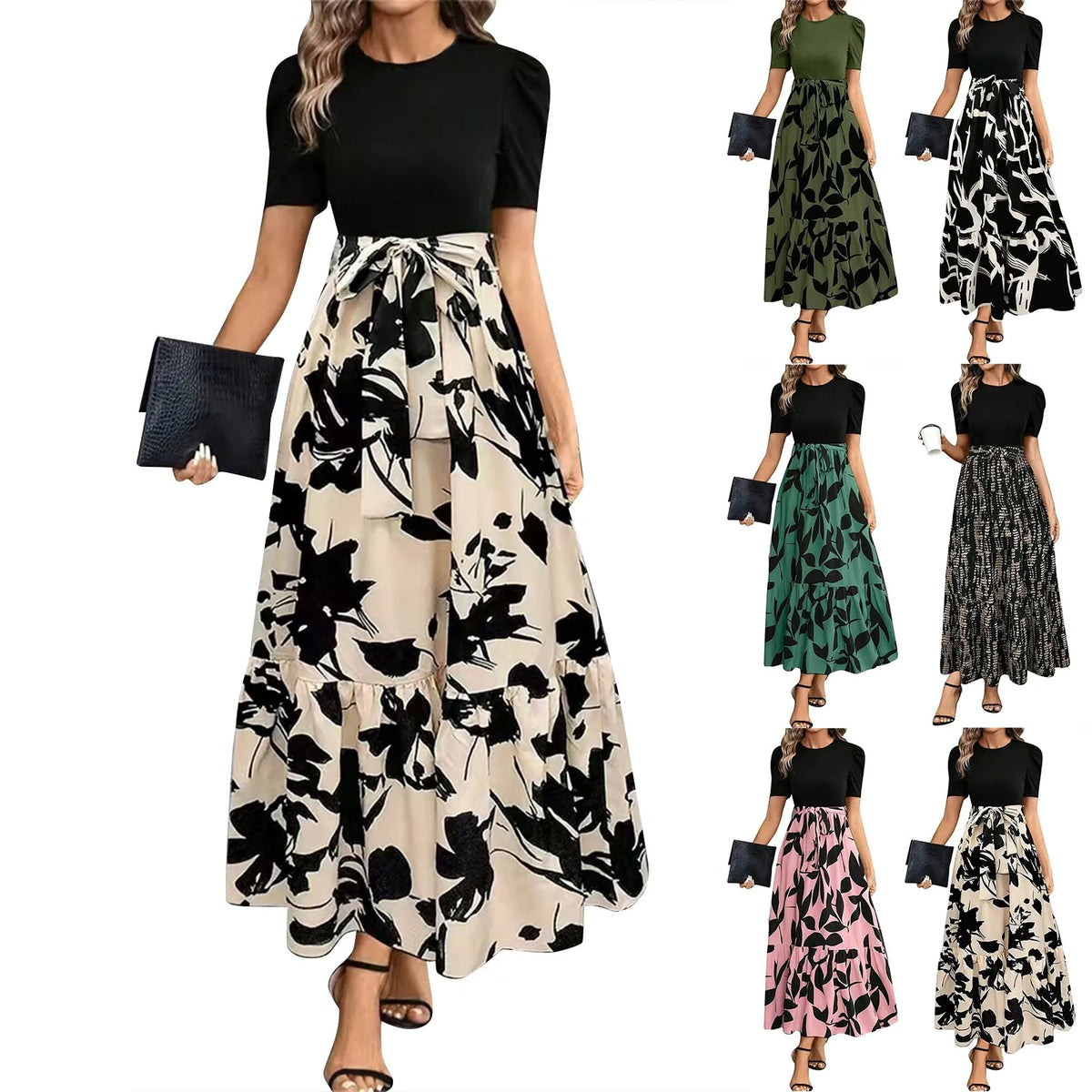Women Classy Elegant  A-line Lace-up Slim Fit Waist Ruffle Hem Dress
