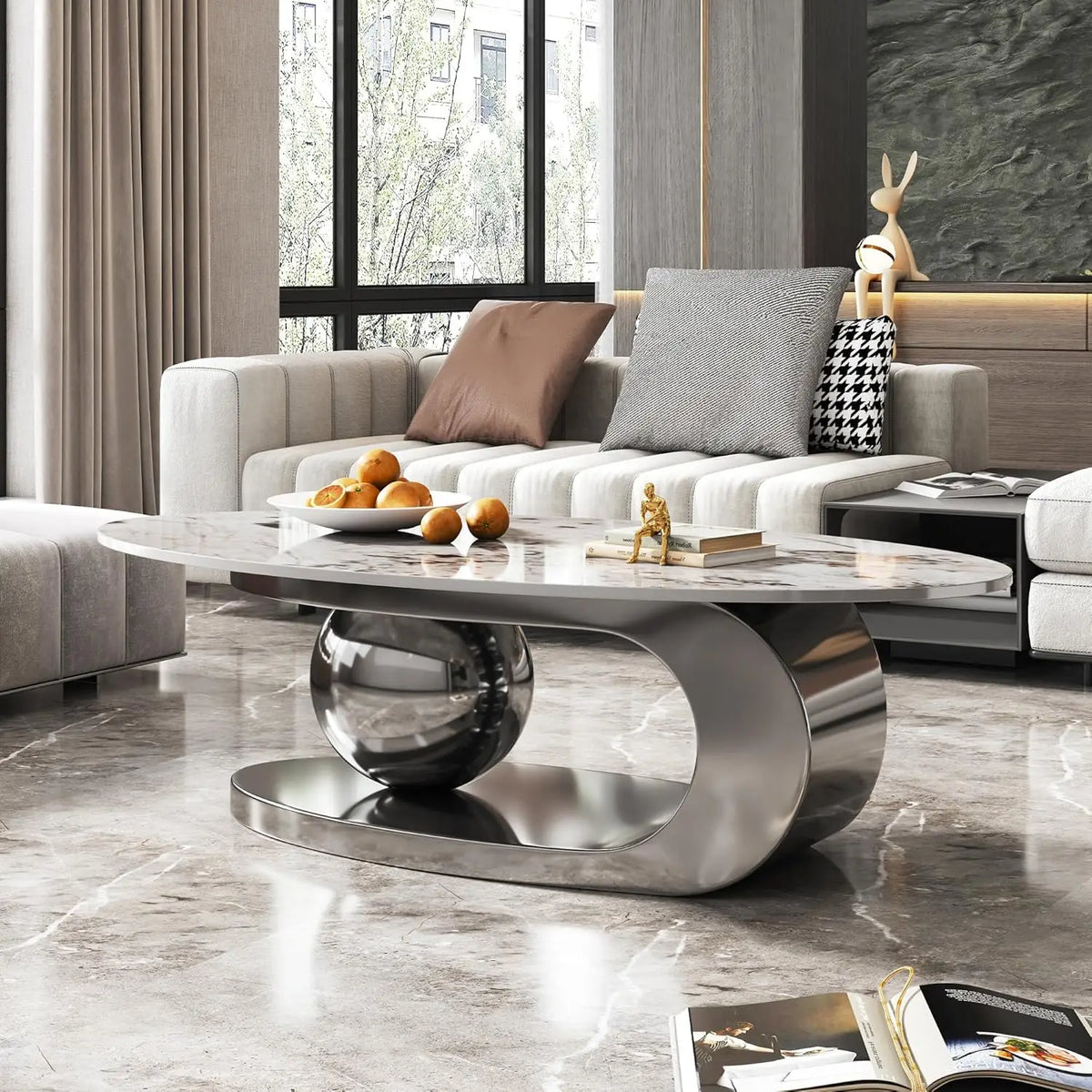 Modern Marble Coffee Table with Silver Stainless Steel Pedestal Living Room Home Decor Luxury Living