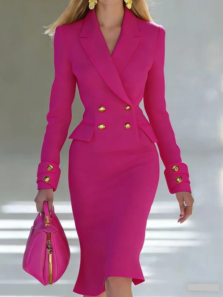 Women Elegant Blazer Dress Double Breasted Long Sleeve Office Business Formal