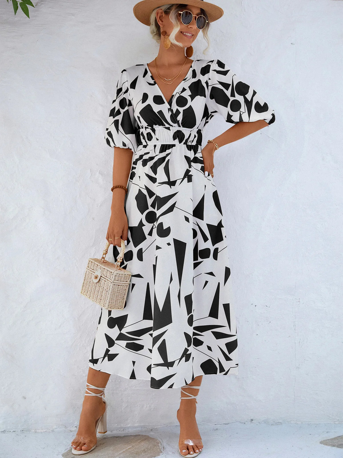 Women Modern Geometric Print Elegant Party Fashion V Neck Short Sleeve High Waist Midi Dress