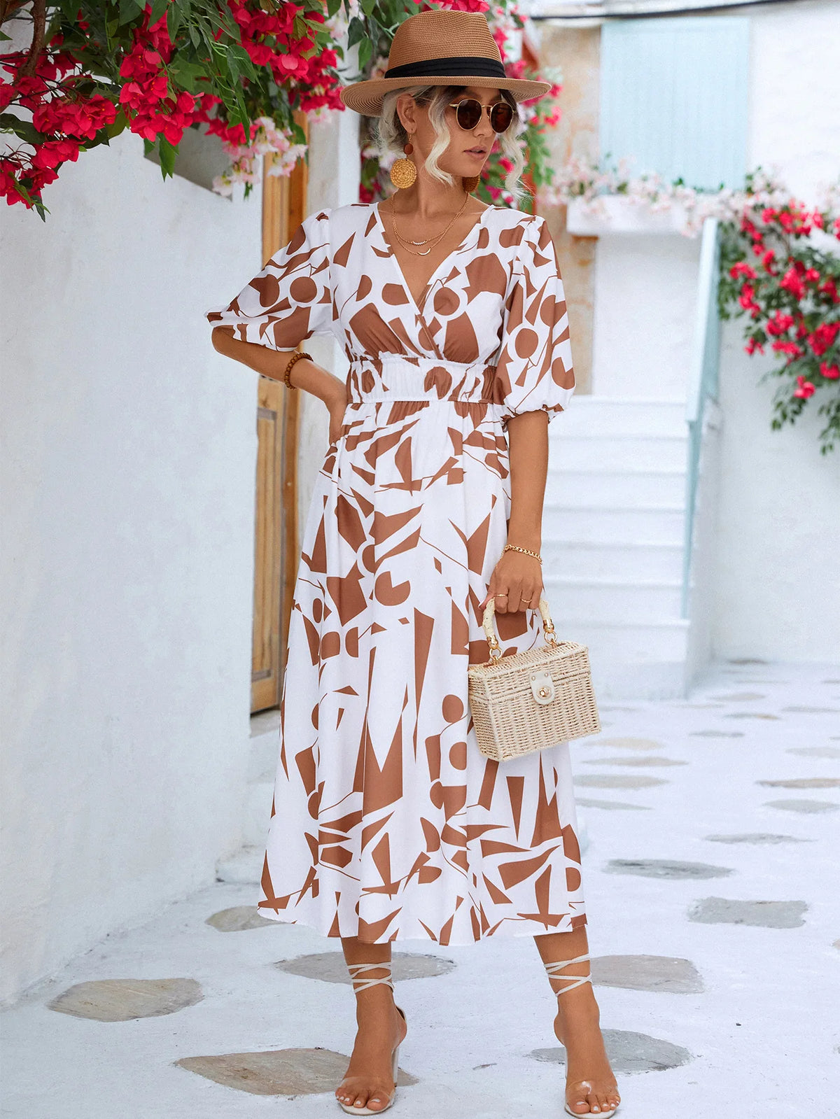 Women Modern Geometric Print Elegant Party Fashion V Neck Short Sleeve High Waist Midi Dress