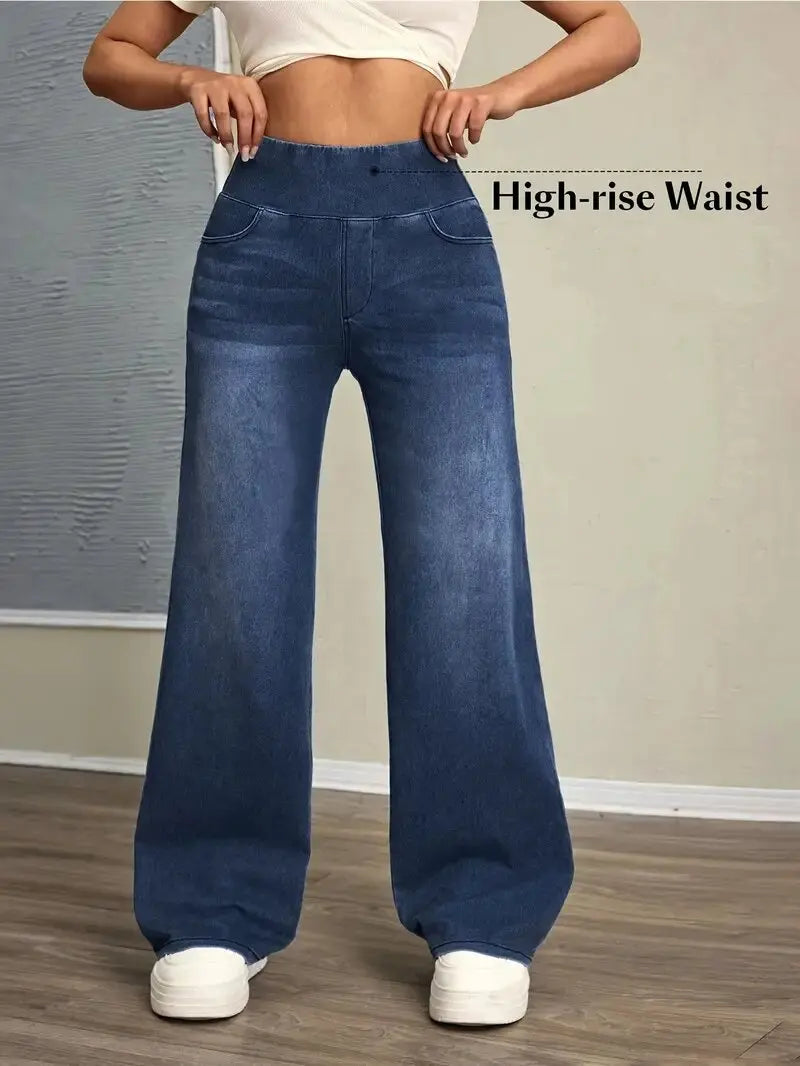 Women's Jeans Elastic High Waist Stretch Loose Straight-Leg Trendy Comfortable
