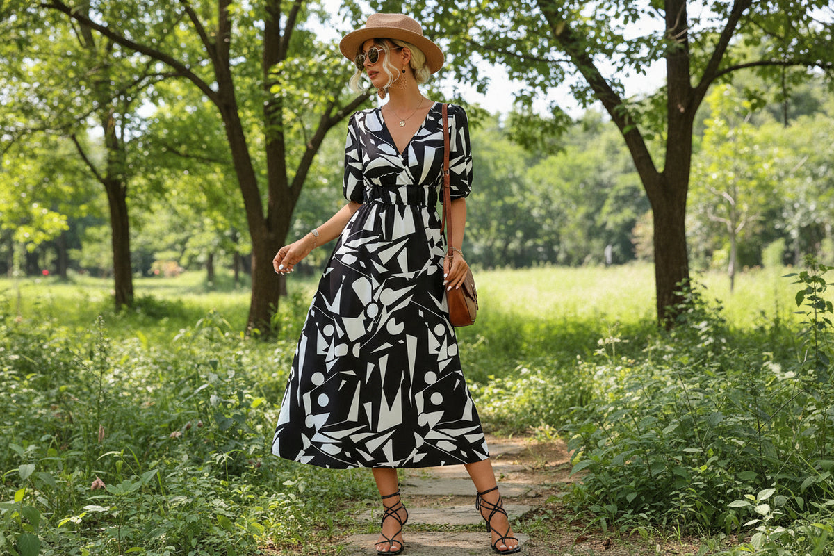 Women Modern Geometric Print Elegant Party Fashion V Neck Short Sleeve High Waist Midi Dress