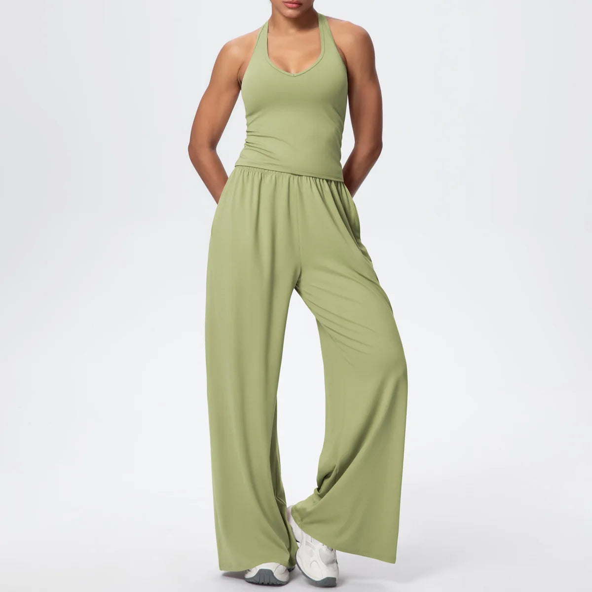 New Casual Women's V-neck Back Wide-leg Pants Yoga Fitness Set