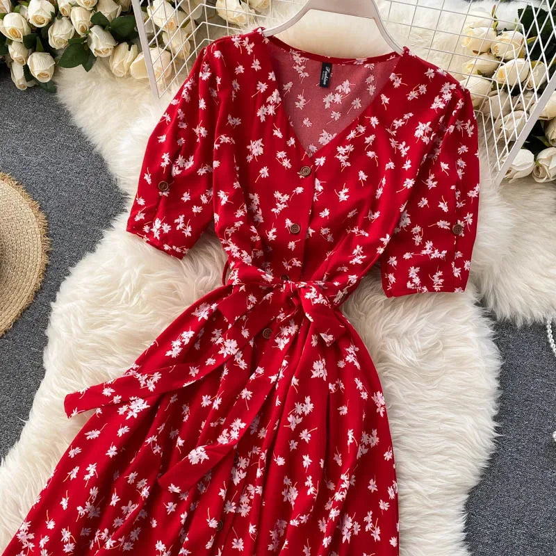 Women Floral Dress V Neck Puff Sleeve Single-Breasted Belt Dress Bohemian Style Midi Dress