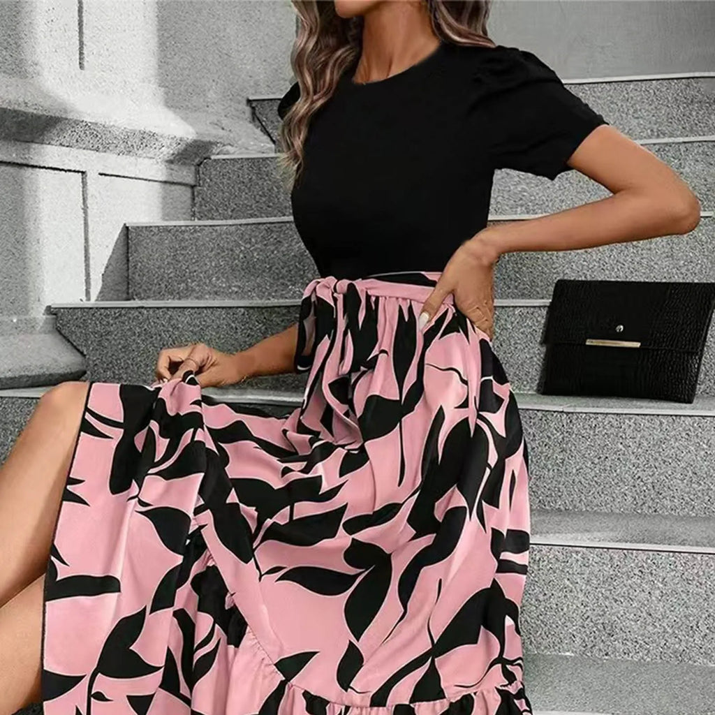 Women Classy Elegant  A-line Lace-up Slim Fit Waist Ruffle Hem Dress