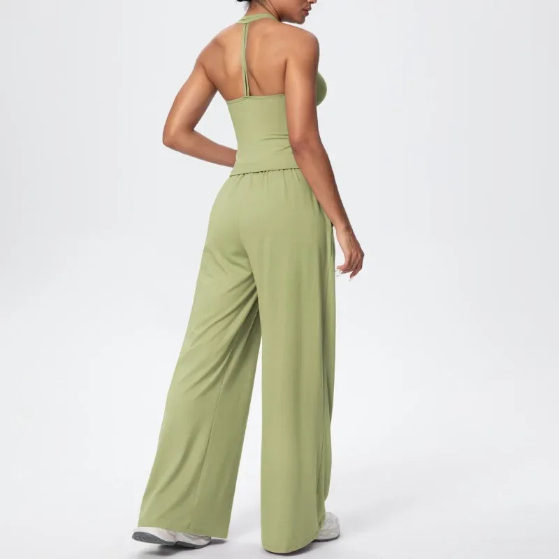 New Casual Women's V-neck Back Wide-leg Pants Yoga Fitness Set