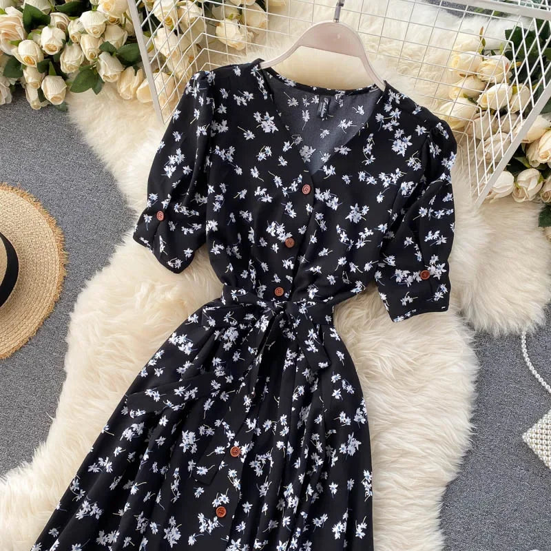 Women Floral Dress V Neck Puff Sleeve Single-Breasted Belt Dress Bohemian Style Midi Dress