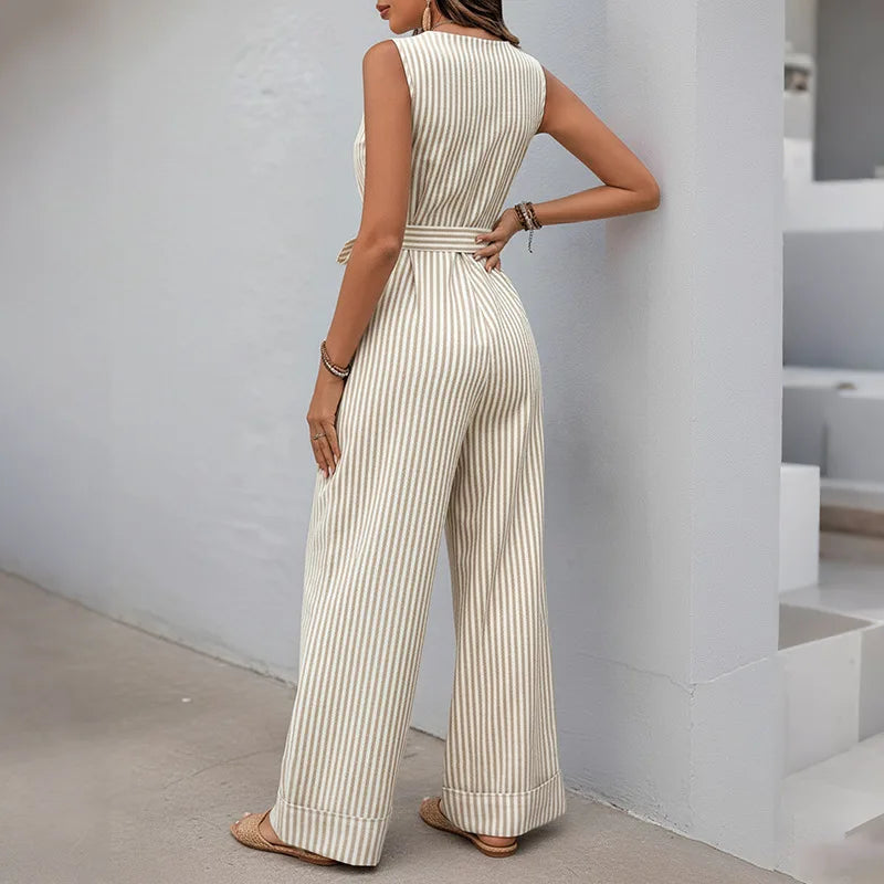 Women's Sleeveless Comfortable Fit V-Neck Striped Jumpsuit with Belted Waist and Pockets and Wide Leg Pants for Casual Summer