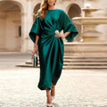 Elegant Commuter Design Satin Long Dress Women O Neck Half Sleeve Silk Party Dresses For Women Fashion Evening Dress