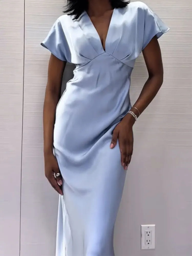 Women's Elegant Satin Silk Texture V Neck Short Sleeve Loose Midi Dress