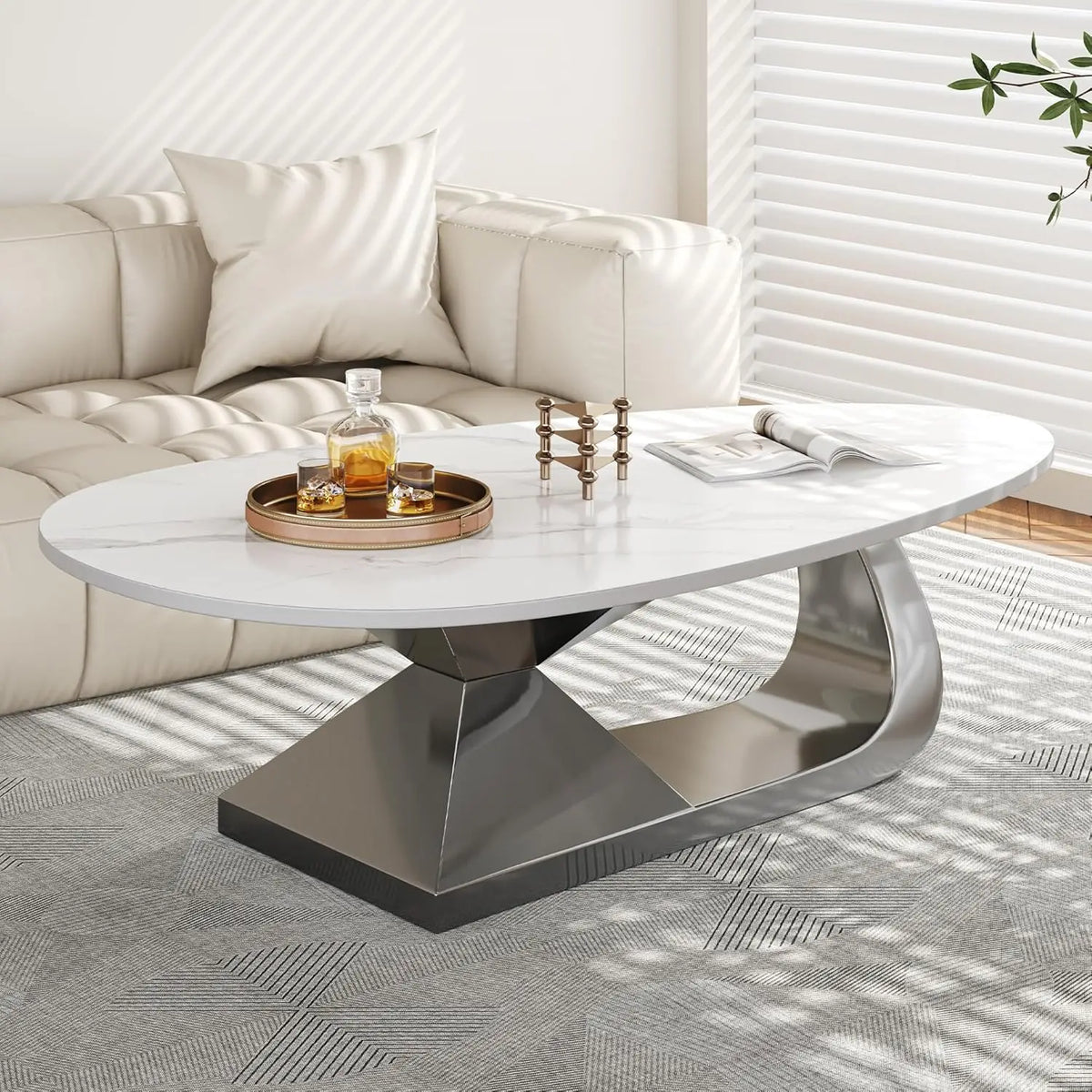 Modern Marble Coffee Table with Silver Stainless Steel Pedestal Living Room Home Decor Luxury Living