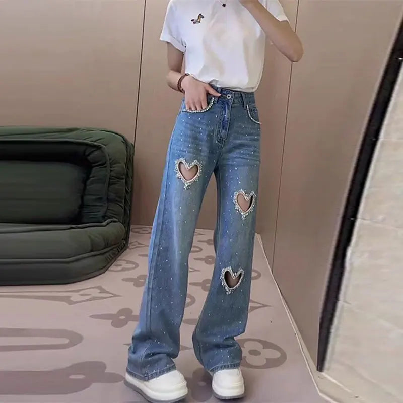 Heart Shaped Stylish Fashion Jeans  Diamond-Encrusted Beaded Hollowed-Out Straight Wide-Leg Women