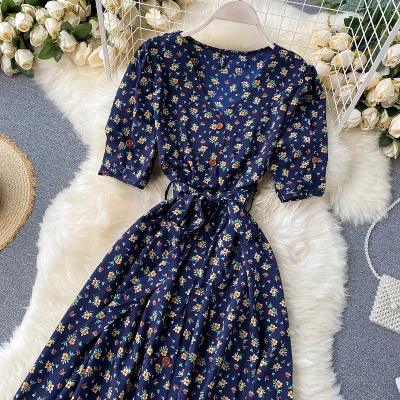 Women Floral Dress V Neck Puff Sleeve Single-Breasted Belt Dress Bohemian Style Midi Dress