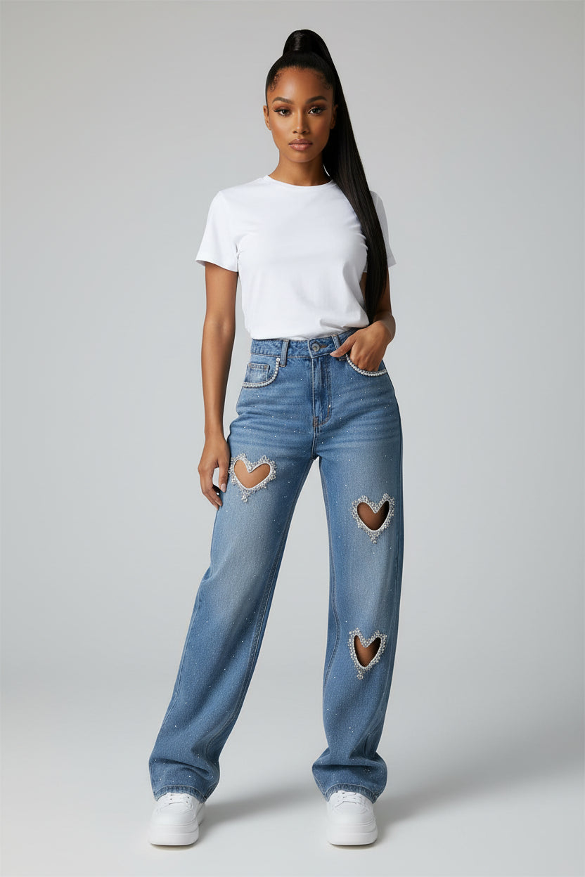Heart Shaped Stylish Fashion Jeans  Diamond-Encrusted Beaded Hollowed-Out Straight Wide-Leg Women
