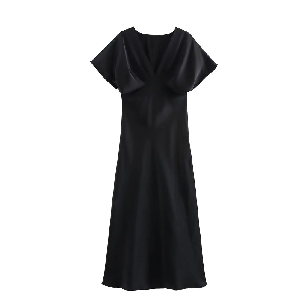 Women's Elegant Satin Silk Texture V Neck Short Sleeve Loose Midi Dress