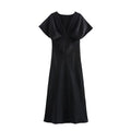 Women's Elegant Satin Silk Texture V Neck Short Sleeve Loose Midi Dress