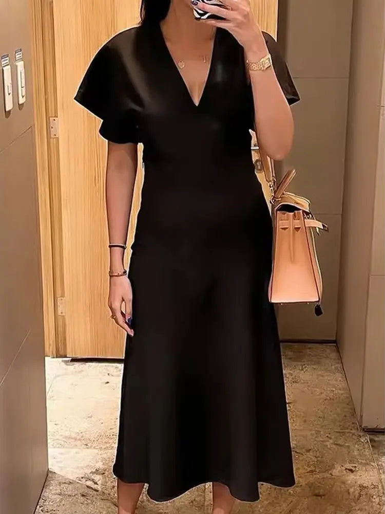 Women's Elegant Satin Silk Texture V Neck Short Sleeve Loose Midi Dress