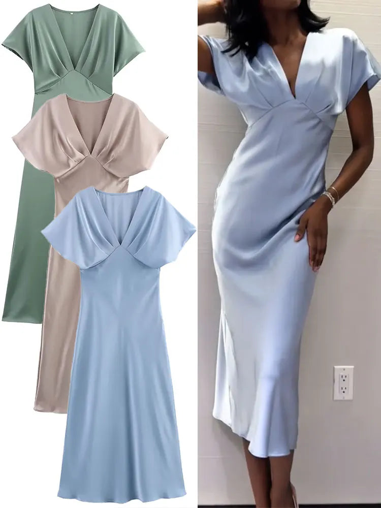 Women's Elegant Satin Silk Texture V Neck Short Sleeve Loose Midi Dress