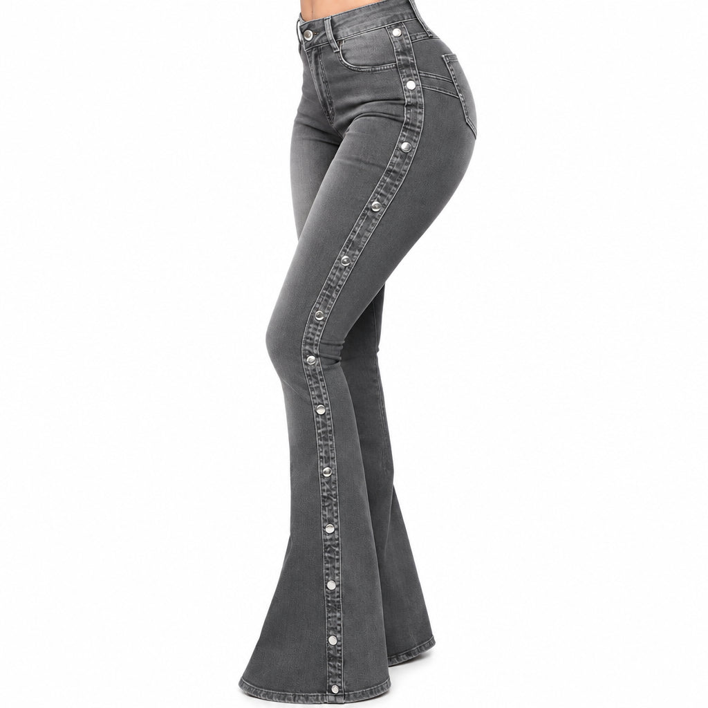 Women Denim Waist Strecth Flare Jeans Vintage Buttons Floor Length