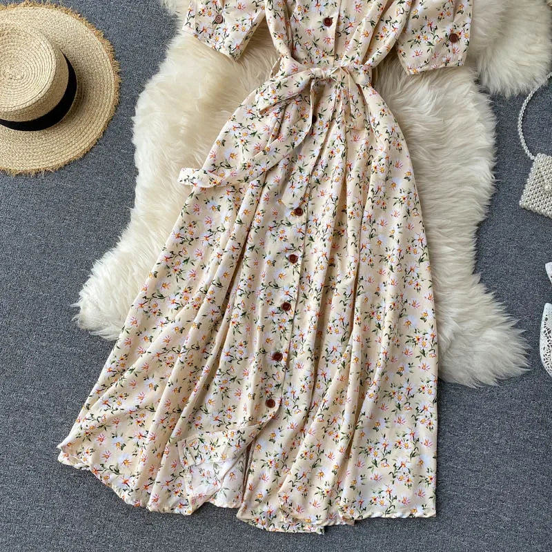 Women Floral Dress V Neck Puff Sleeve Single-Breasted Belt Dress Bohemian Style Midi Dress