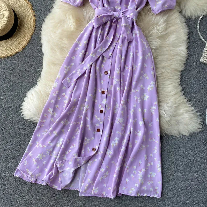 Women Floral Dress V Neck Puff Sleeve Single-Breasted Belt Dress Bohemian Style Midi Dress