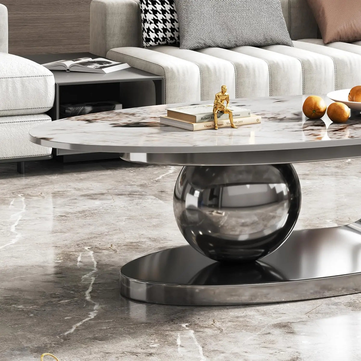 Modern Marble Coffee Table with Silver Stainless Steel Pedestal Living Room Home Decor Luxury Living