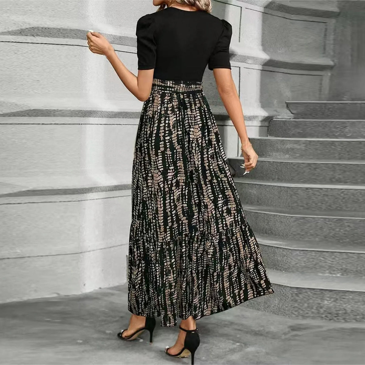 Women Classy Elegant  A-line Lace-up Slim Fit Waist Ruffle Hem Dress