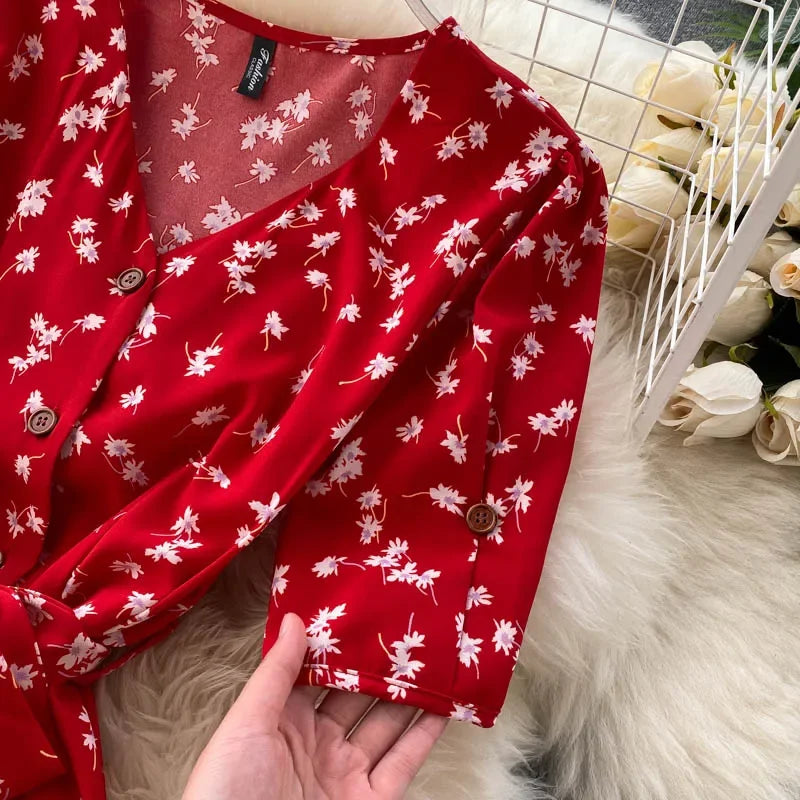 Women Floral Dress V Neck Puff Sleeve Single-Breasted Belt Dress Bohemian Style Midi Dress