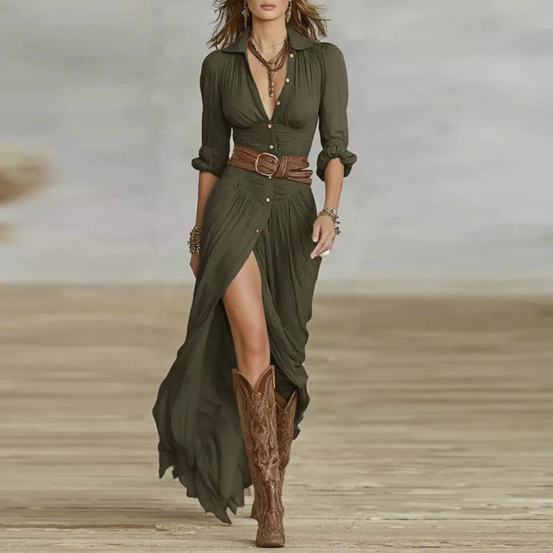 Woman French Retro V Neck Belted Slim Dress Single Breasted Long Sleeve Bohemian Dress