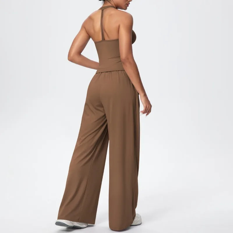 New Casual Women's V-neck Back Wide-leg Pants Yoga Fitness Set